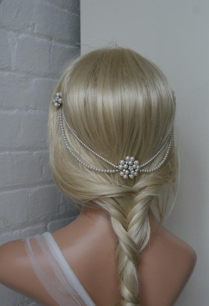 زفاف - Wedding Headpiece with pearls - pearl hair comb bridal hair accessory - bohemian headpiece  - back of head hair drape
