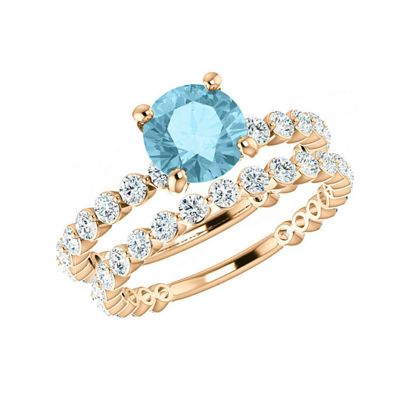 Hochzeit - 1.20 ct Aquamarine & 1.35 ct Diamond Engagement Wedding Set, Aquamarine Bridal Sets for Women, Shared Prong Engagement Rings, Diamond Rings