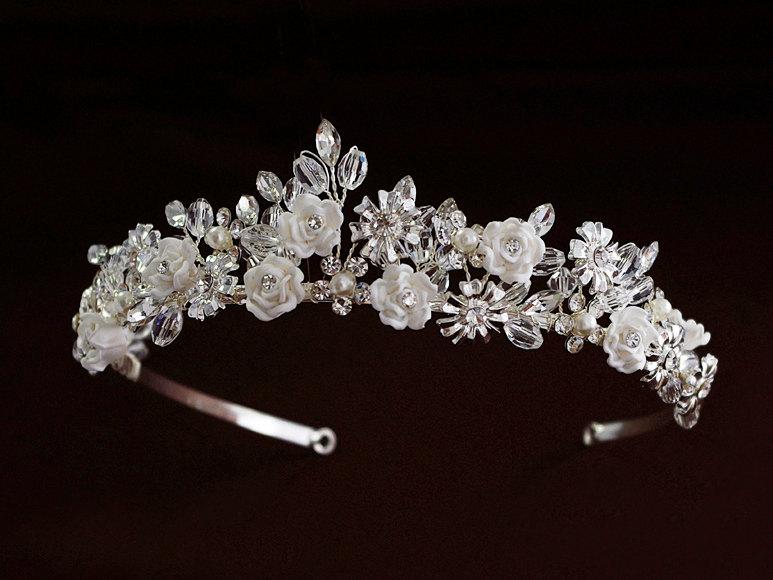 Wedding - Floral tiara,  Crystal crowm, Rhinestone wedding tiara,Wedding headpiece, Bridal headband，Silver，Cascade tiara
