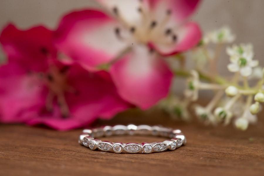 Wedding - Art Deco Wedding Band, Eternity Band, Stackable Ring, Marquise & Dot Ring, Diamond Simulants, Sterling Silver