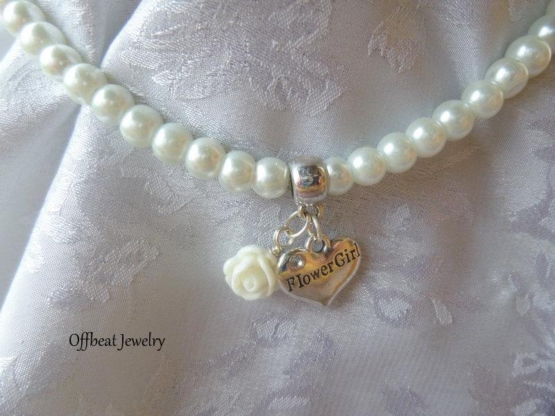 Wedding - Pearl Necklace with Flower Girl Charm, Pearl Flower Girl Necklace, Flower Girl Necklace, Flower Girl Jewelry, Flower Girl Gifts