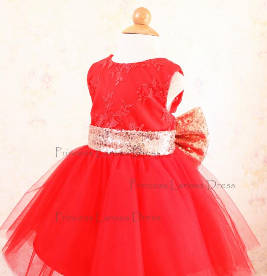 Hochzeit - Gold Sequin Sash Toddler Pageant Dress, Red Flower Girl Dress, Baby Birthday Dress, New Born Dress, PD117