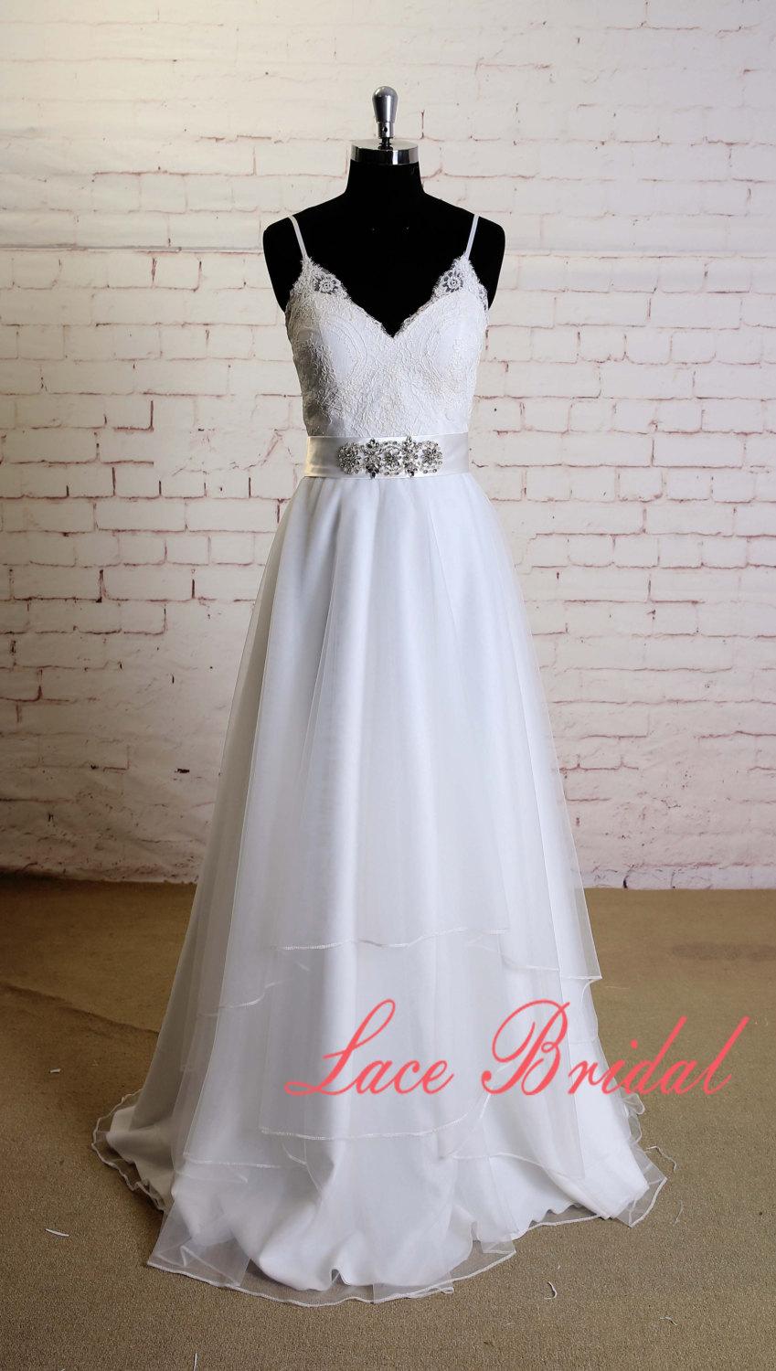 Wedding - Soft Layered Tulle Skirt Wedding Dress with Spaghetti Straps Classic Lace Bodice Bridal Gown with Beading Sash