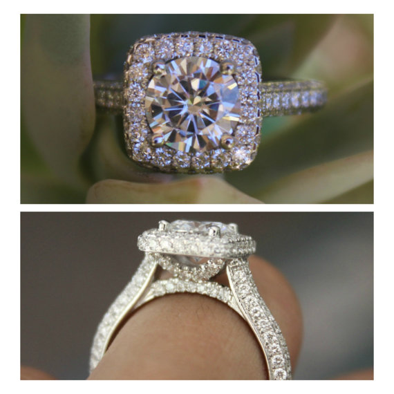 زفاف - Forever One Moissanite & Diamond Halo Pave Engagement Ring 14k White Gold, 18k or Platinum - Double Sided Halo, Three Row Band, Pave Rings
