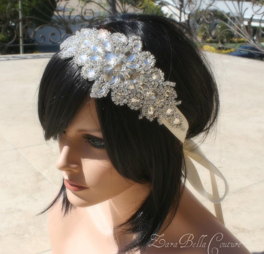 Hochzeit - Crystal bridal headband ribbon statement hairpiece bride
