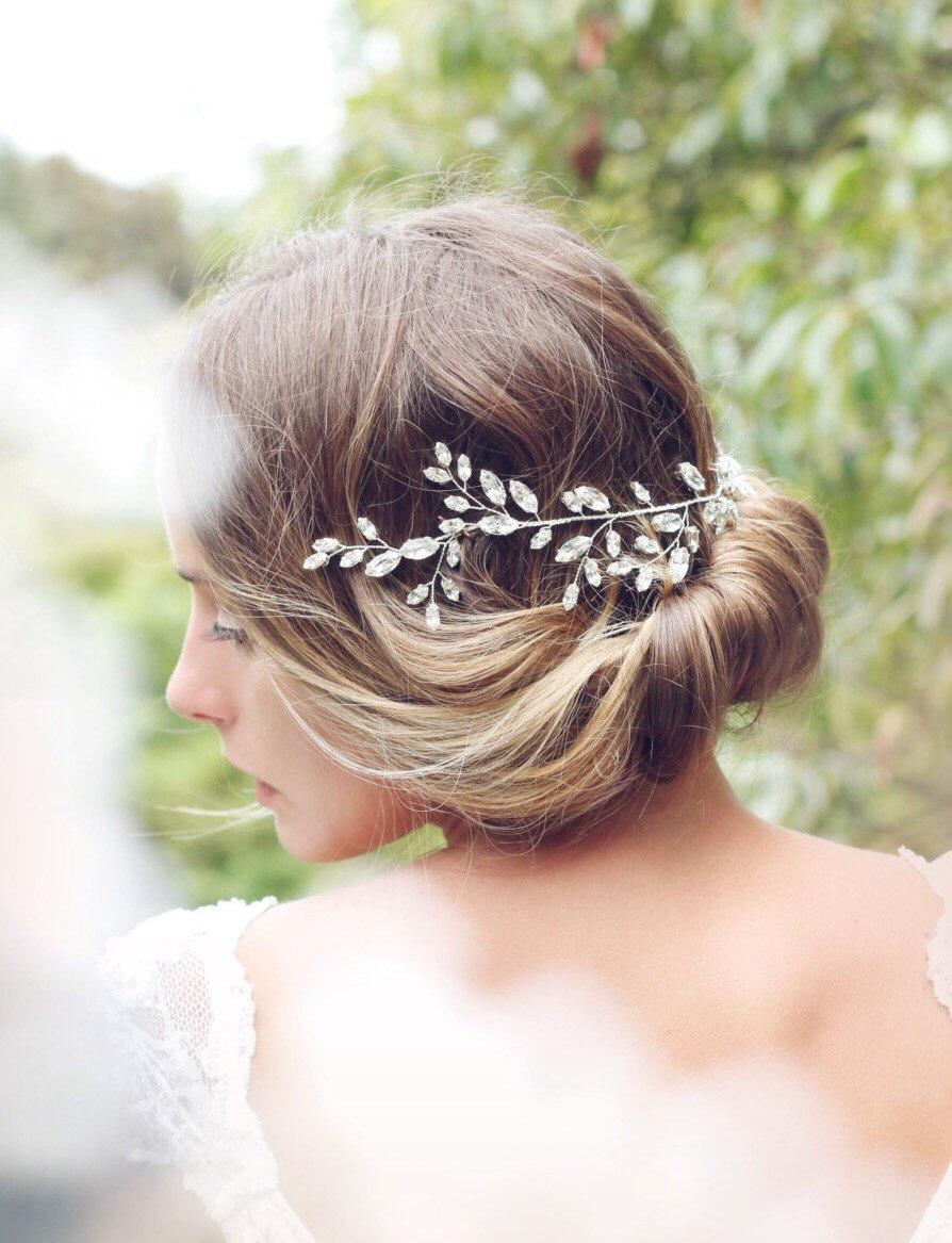 Hochzeit - Bridal headpiece, Swarovski crystal hair vine, demi halo, hair accessories, back of head, boho wedding, crystal leaves, sparkly wreath