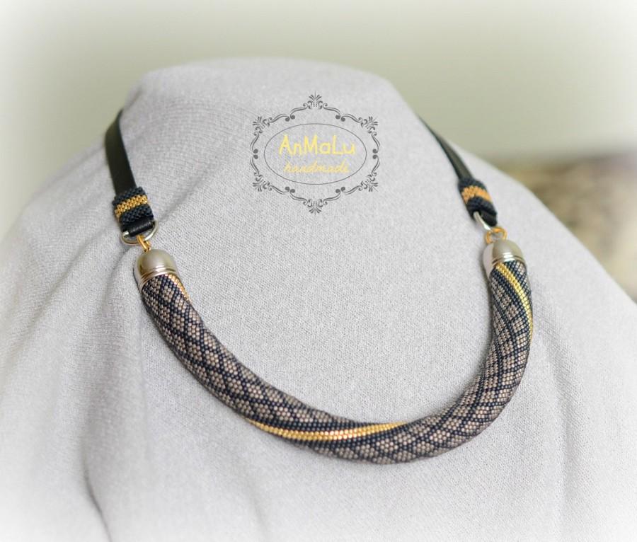 Wedding - Beaded crochet necklace • black, gray, gold • Choker necklace • Bead crochet rope • Beadwork necklace • office style • fashion style jewelry