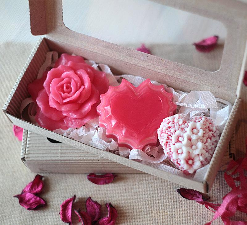 Wedding - Handmade Heart and Pink Rose Soap Set, Valentines Day Gift Idea For Her, Gift For Mother, Gift For Her, Girlfriend Gift, Mothers Day Gift