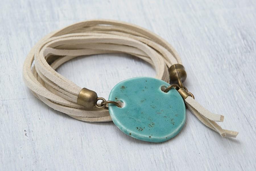 Mariage - Turquoise ceramic bead bracelet Boho bracelet Ceramic geometric jewelry Wrap bracelet Handmade jewelry Unique gift Tassel bracelet