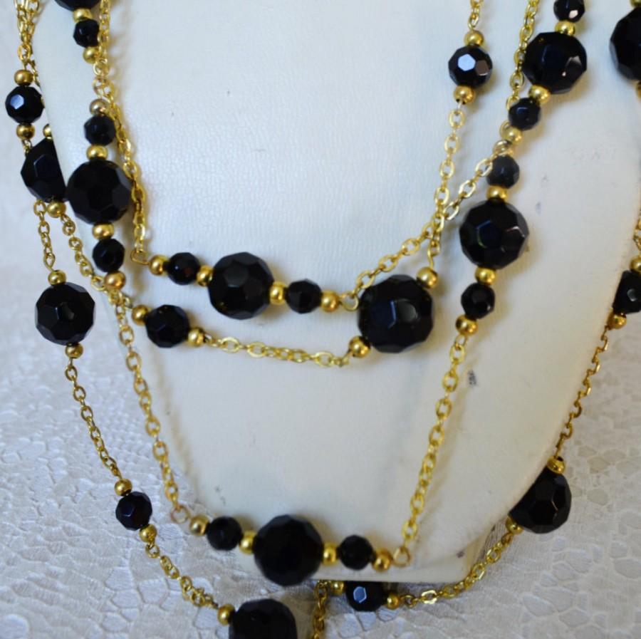 زفاف - Black Agate Statement Long Multi Strand Chanel style Necklace, Beaded Holiday Necklace, Fashion jewelry, Gift for Her, Womens Gift
