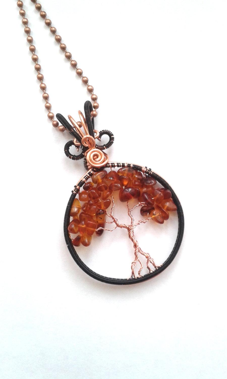 Wedding - Tree Of Life Pendant, Wire Wrapped Amber Tree of Life Necklace, Baltic Amber, Autumn Pendant, Wire Wrapped Fossil Jewelry, Copper Jewelry