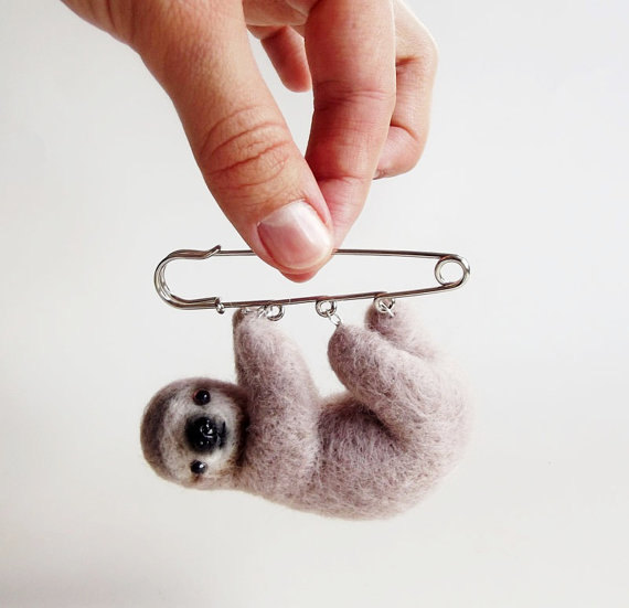 Wedding - Curious Little Sloth, Hand Felted Animal Brooch,Animal, Pin,Sloth Brooch,Cute Jewelry /MADE TO ORDER