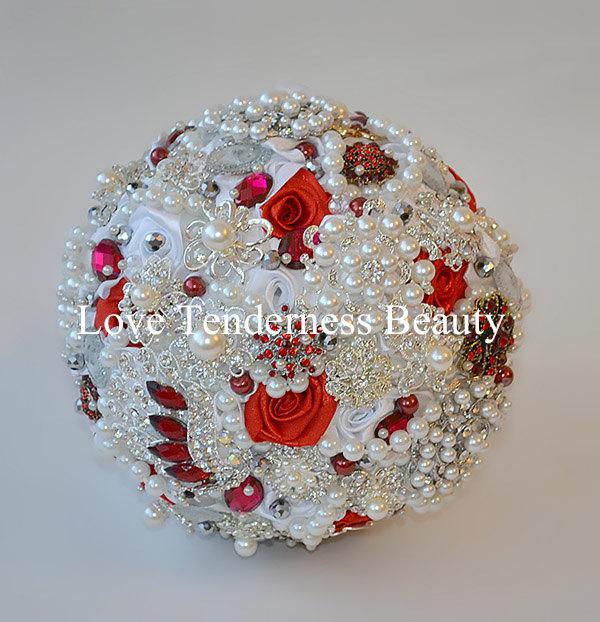 Hochzeit - red & white wedding brooch bouquet, silver wedding bouquet, bridal bouquet,jewelry bouquet,broach bouquet,rhinestone bouquet,crystal bouquet