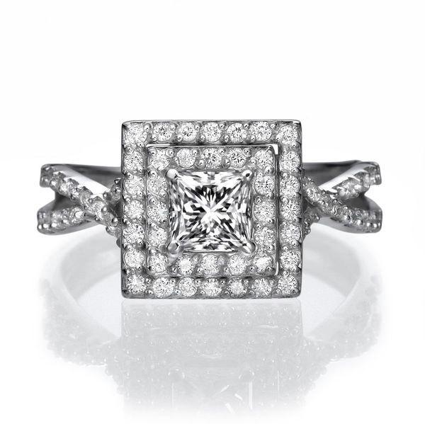 Hochzeit - Split Shank Halo Engagement Ring, 14K White Gold Ring, Halo Ring Setting, 1 TCW Diamond Ring Vintage, Unique Rings