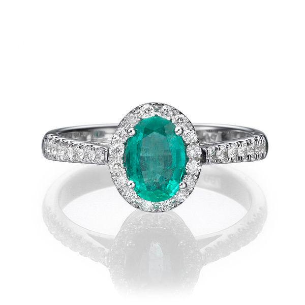 زفاف - Oval Emerald Engagement Ring, 14K White Gold Ring, Halo Engagement Ring, 1.3 TCW Natural Emerald Ring Band, Unique Rings