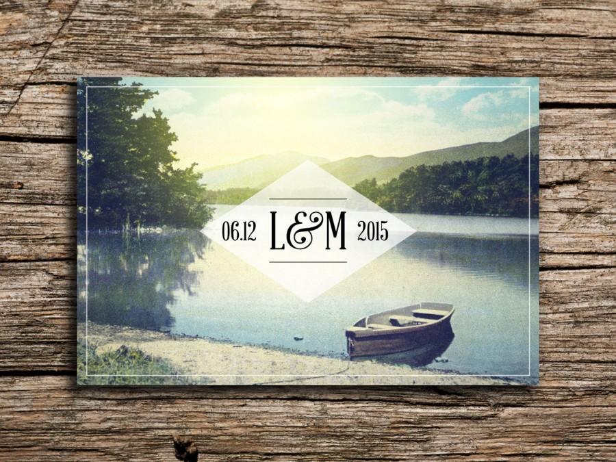 Mariage - Vintage Lake Save the Date Postcard // Vermont Wedding Outdoor Save the Date Boat New England Wedding Minnesota Wisconsin