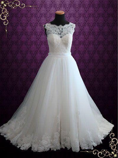 Свадьба - Lace Ball Gown Wedding Dress With Illusion Boat Neckline 