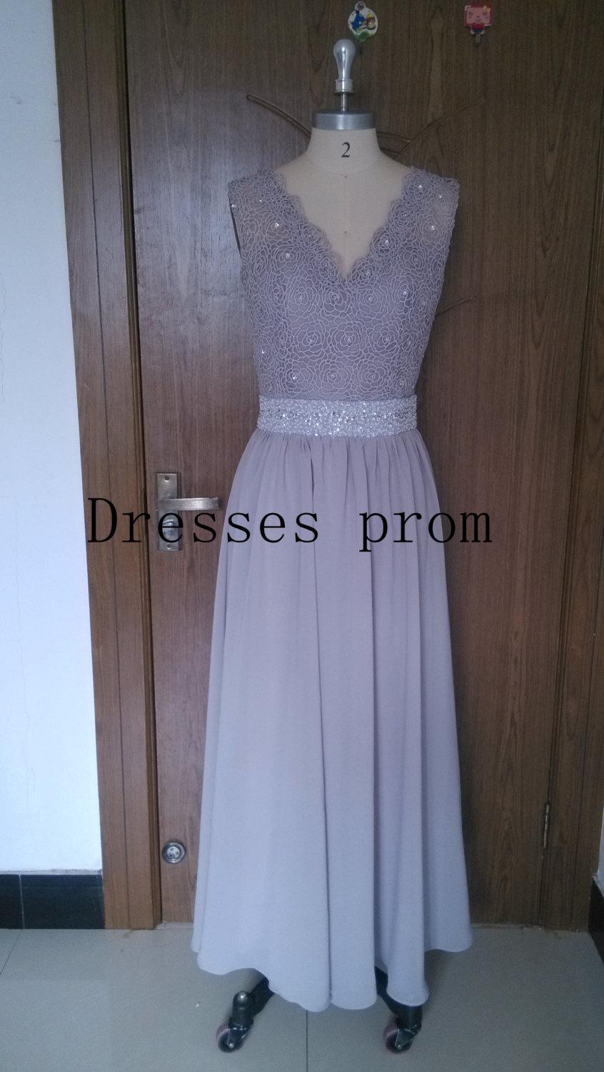 Mariage - Grey Long Lace Bridesmaid Dress A-line Chiffon Dress With cap sleeves and open back prom dress