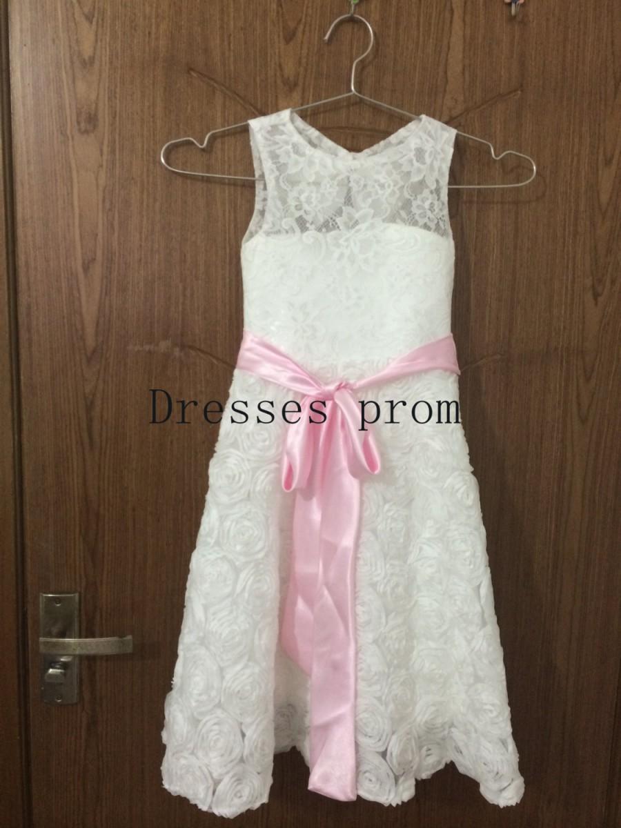 Hochzeit - Lace Rosette Keyhole Flower Girl Dress/Communion/Baptism/Junior Bridesmaid Dress/Baby Girl Dress/Blush Pink Sash/Bow