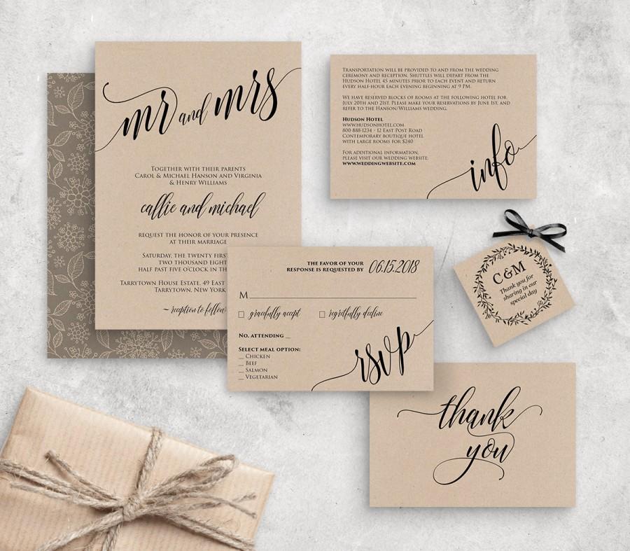 Свадьба - Wedding Invitation Template, Instant Download, Rustic Modern Wedding Invite Set, RSVP, Info Card, DIY Printable, Editable PDF Template 