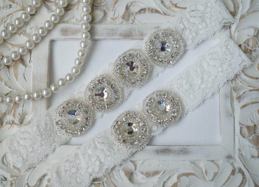 Hochzeit - Wedding Garter Set, Bridal Garter Set, Vintage Wedding, Ivory Lace Garter, Crystal Garter Set, Something Blue