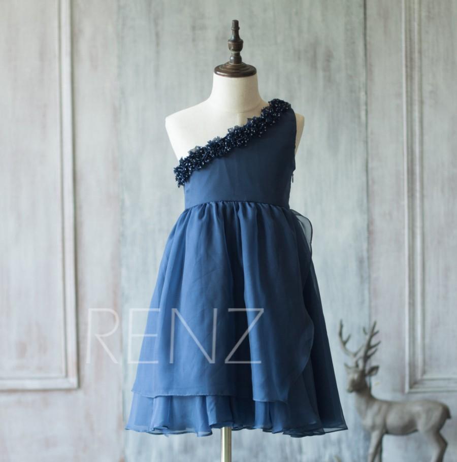 Hochzeit - 2016 Navy blue Junior Bridesmaid Dress, Flower Girl Dress, Flower neck Dress (LK052)