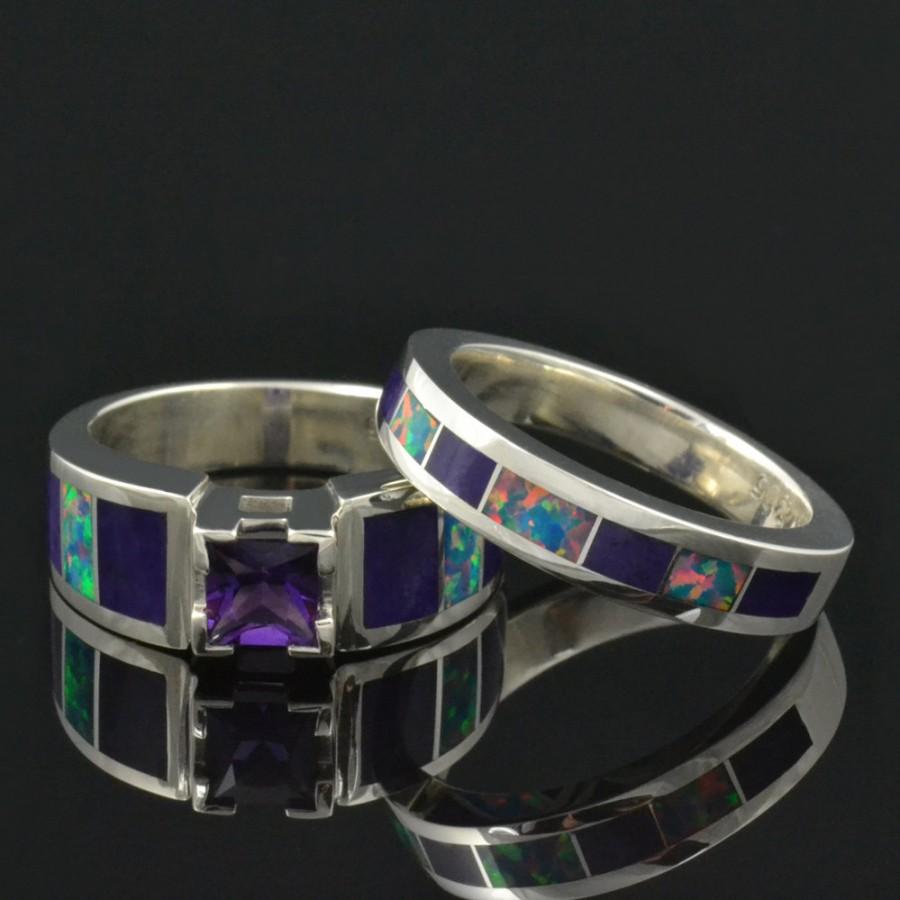 Wedding - Lab Created Opal Wedding Ring and Engagement Ring Set with Amethyst and Sugilite