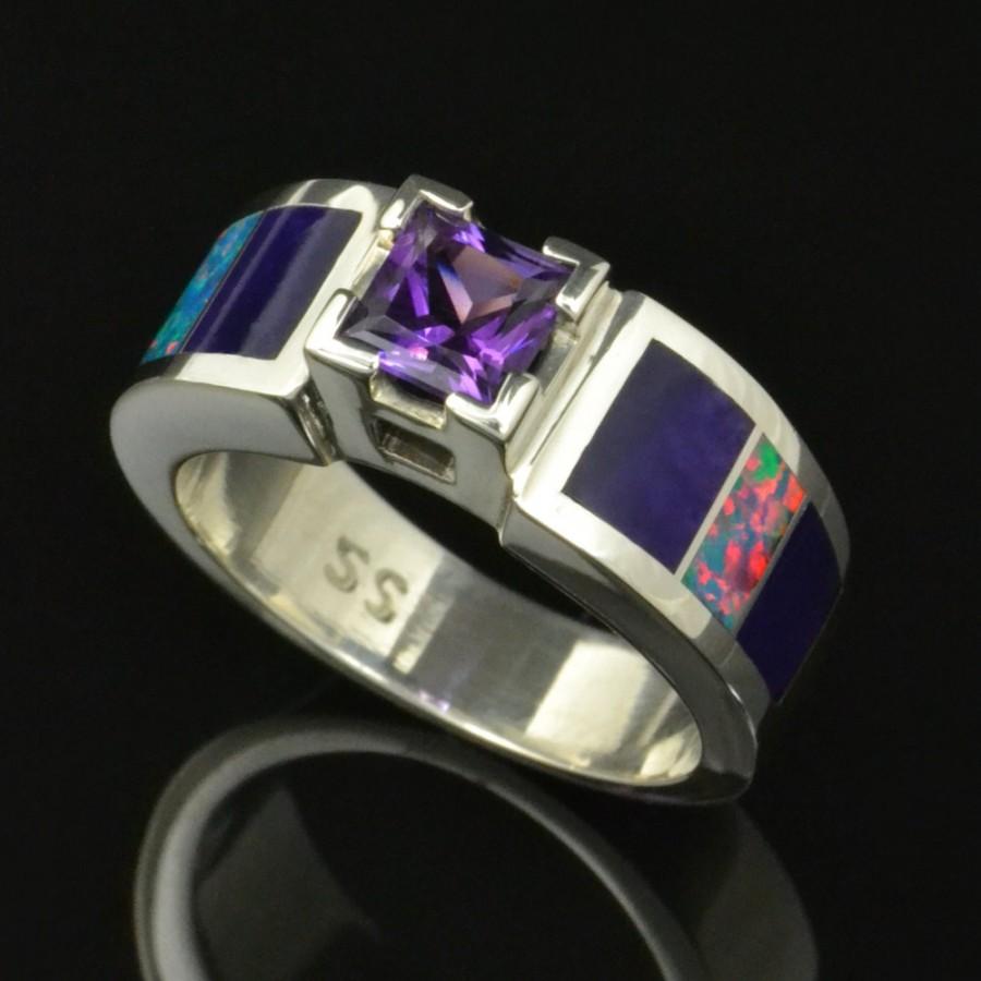 Свадьба - Lab Created Opal Wedding or Engagement Ring with Amethyst and Sugilite