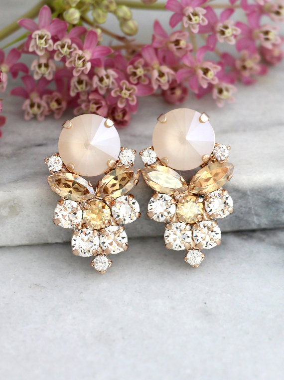Mariage - champagne Earrings,Bridal Swarovski Earrings, Bridal Ivory Cream Earrings, Gift For Her, Bridal Rose Gold Cluster Earrings,Ivory Nude Studs