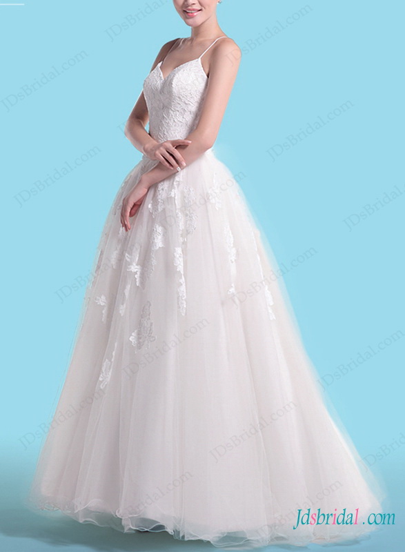 Wedding - H1452 Sleeveless spaghetti straps lace tulle ball gown wedding dress