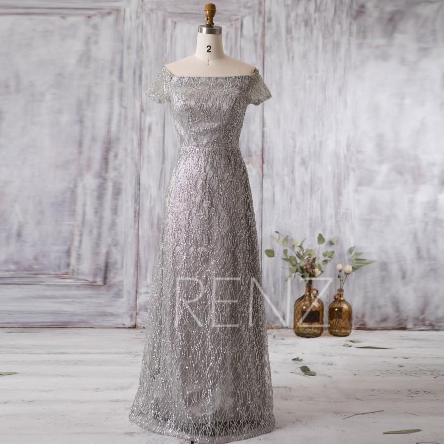 Свадьба - 2016 Silver Lace Bridesmaid Dress Long, Short Sleeves Wedding Dress, Off Shoulder MOB Dress, Mother of Bride dress, Sequin Dress (GL183)