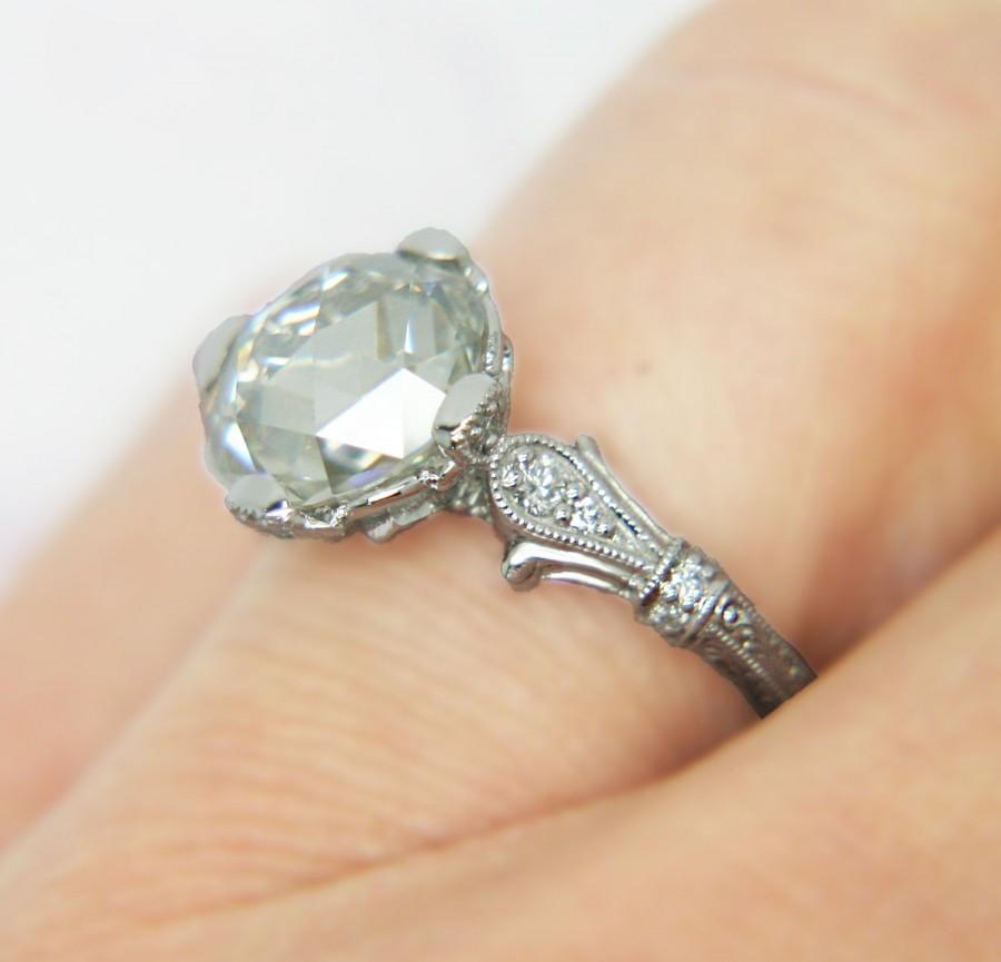 Wedding - Rose Cut Engagement Ring - Vintage Rose Cut Moissanite 14K White Gold and Diamond