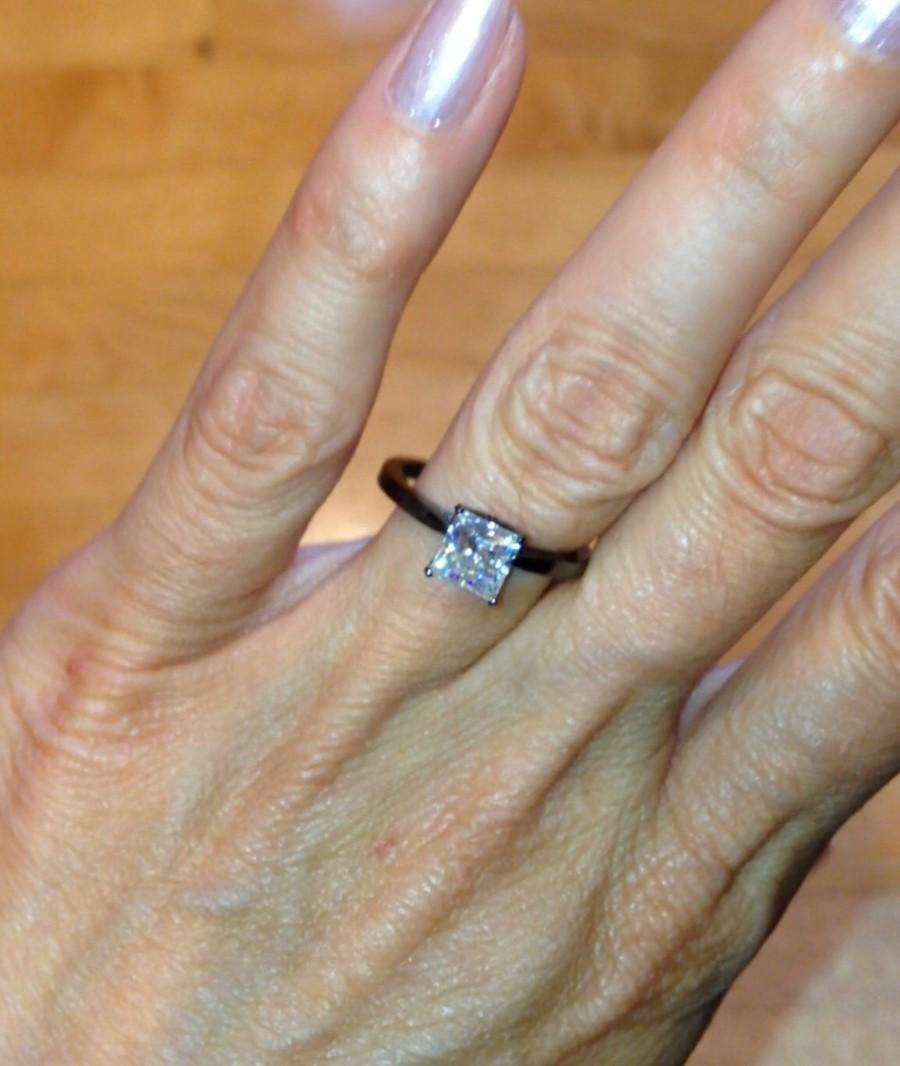 Hochzeit - Black Gold Engagement Ring BLOOMED LOVE Princess Cut White Topaz 1.25ct 14kt Gold Black Rhodium Engagement Ring Wedding Ring