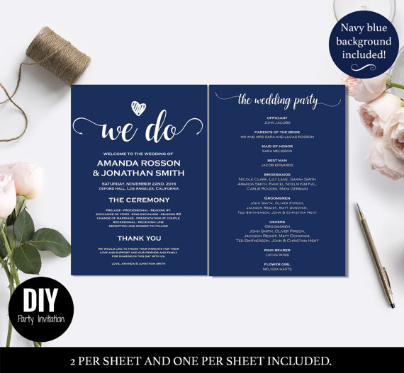 Wedding - Navy Wedding Programs - Wedding program templates pdf instant download - Navy blue menu- Downloadable wedding program templates 