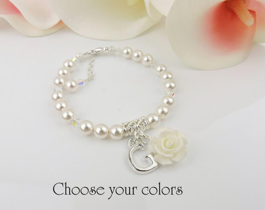 Wedding - Personalized Swarovski Pearl Flower Girl Bracelet, Flower Girl Rose Bracelet, Flower Girl Gift Best Seller FREE US Ship