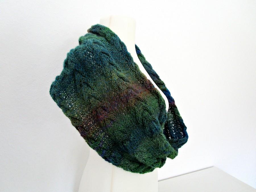 Wedding - Knit cowl scarf Emerald knit scarf Wool knitted scarf Knitted snood Cabled women scarf Green blue colourfull scarf Christmas gift under 50