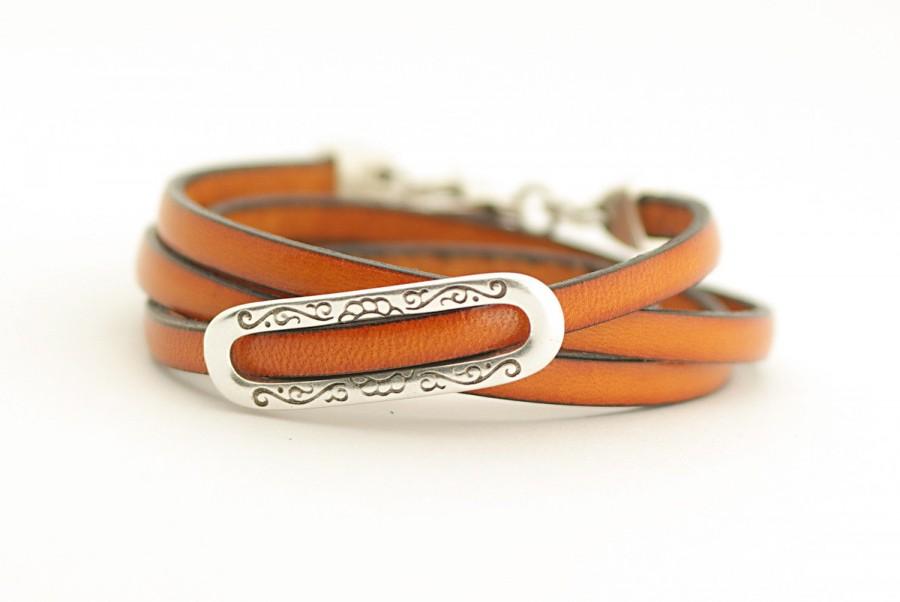 Mariage - Honey Men's Leather Wrap Bracelet, Tangerine Boho Men's Bracelet, Orange Carrot Leather Cuff Mens, gift for him, boho chic