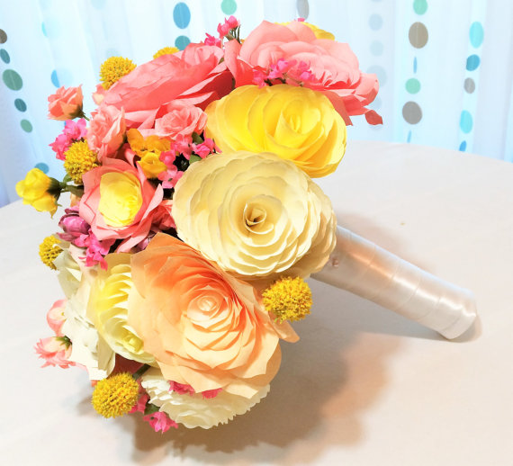 Wedding - Paper flower bouquet, Coral and peach wedding bouquets, Yellow garden wedding bouquet, Alternative bouquet, Bridal bouquet, Toss bouquet