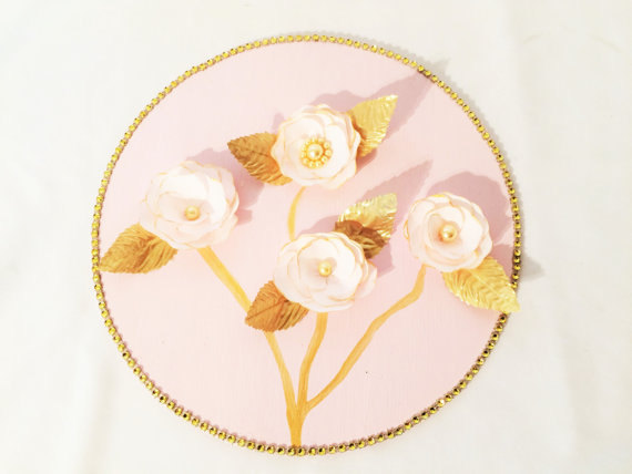 Wedding - Gold and blush 3D floral art, Paper flower picture, Floral picture decor, Wedding decor, Nursery decor, Girl's room decor
