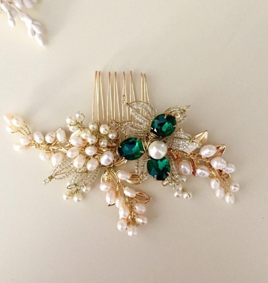 Hochzeit - Emerald hair comb, Pearl Hair comb, Golden hair comb, Bridal hair comb, Green Wedding