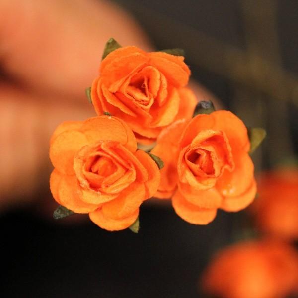 Mariage - Autumn Rose Bridal Hair Accessories - Orange Paper Flower Brass Bobby Pin - Set of 3