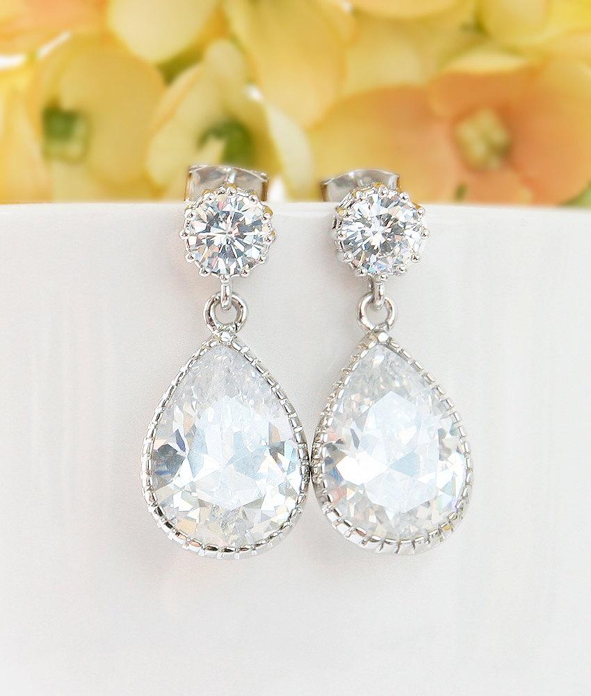 Hochzeit - Big CZ teardrop dangle Earrings, Stud Earrings, Bridesmaid Gift, Bridal earrings, Maid of honor gift, Gift earrings, Wedding earrings,