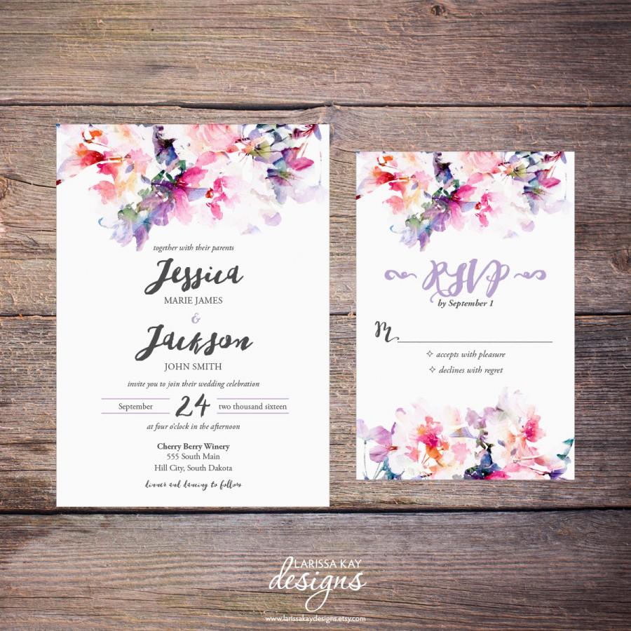 Hochzeit - Printable Watercolor Floral Wedding Invitation Suite, Spring Flowers, Modern, Invites, DiY Wedding, Print Yourself - Jessica2