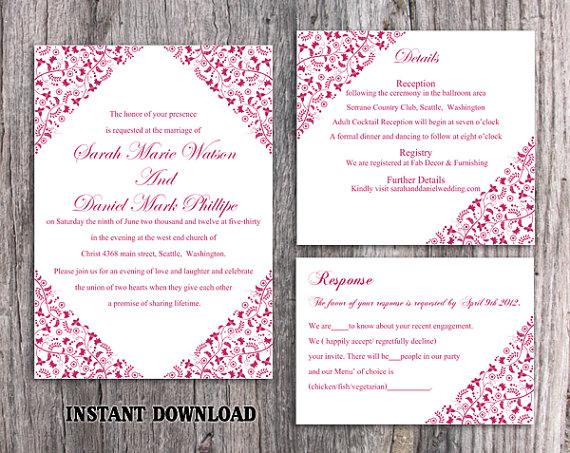 Wedding - DIY Wedding Invitation Template Set Editable Word File Instant Download Printable Flower Invitation Fuchsia Invitation Elegant Invitation