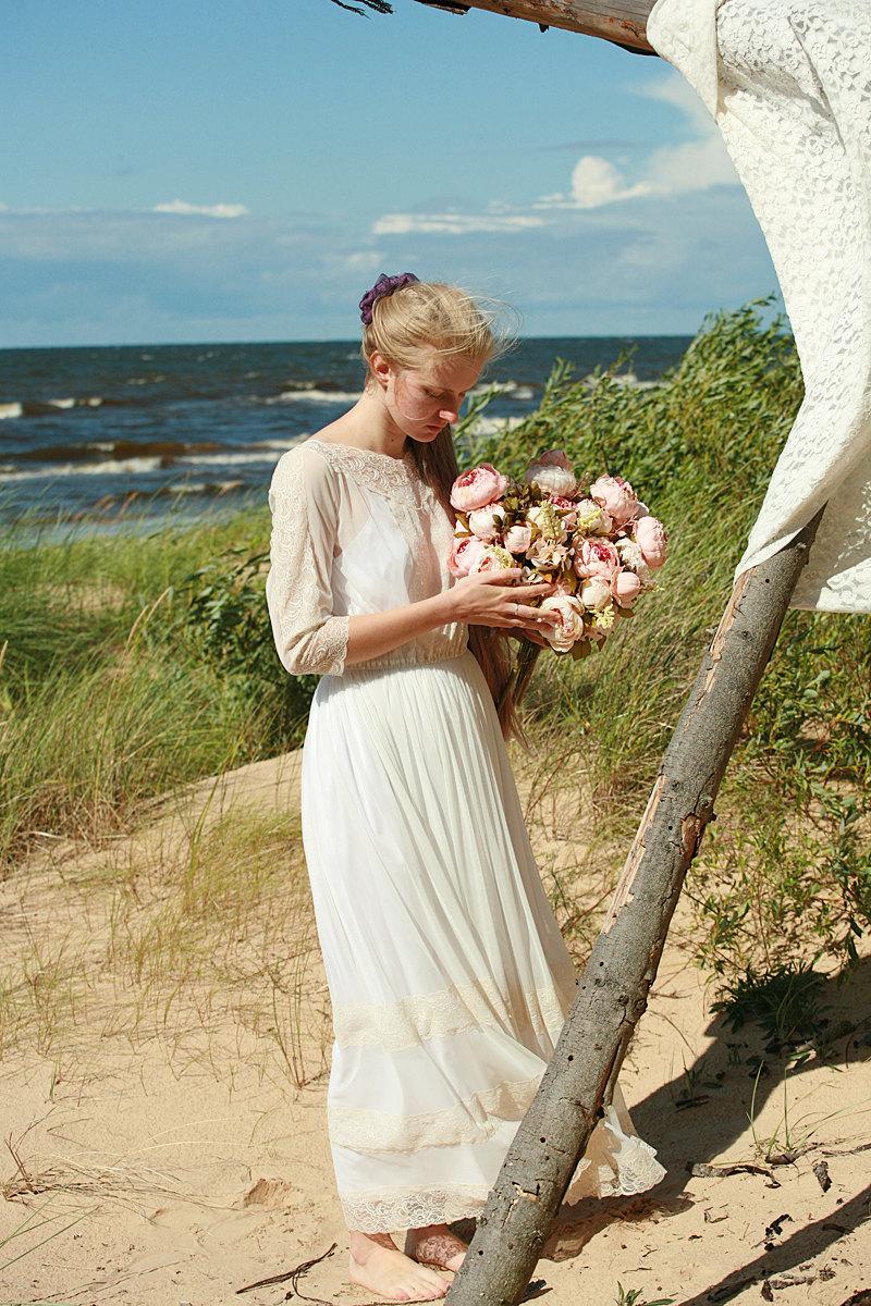 زفاف - Cream tulle and peach lace bridal gown,wedding dress - made by your measurments
