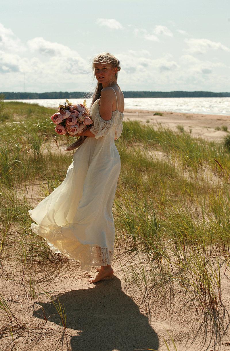 Wedding - Cream, butter silk chiffon,viscose, lace bridal gown, boho wedding dress - made by your measurments