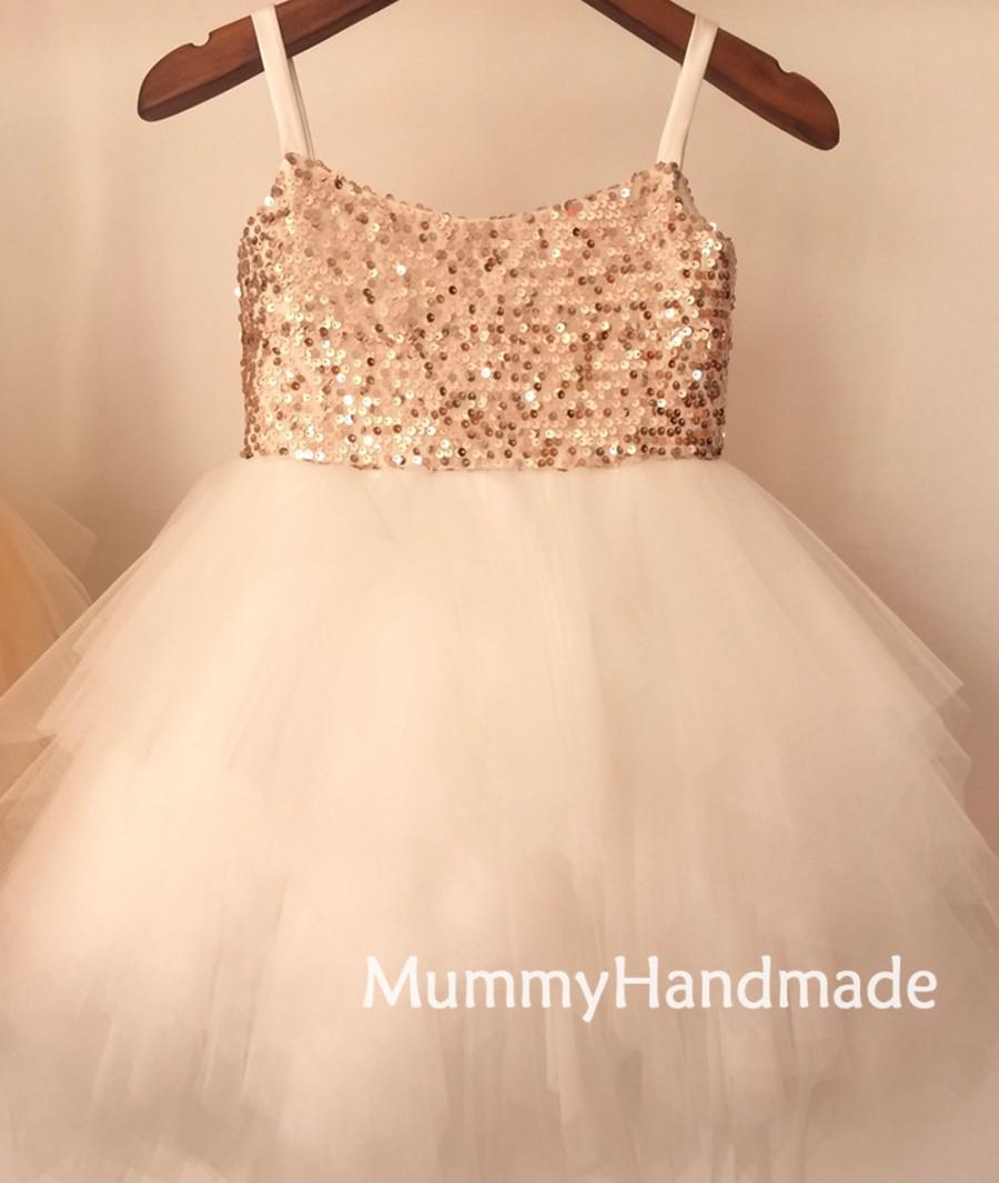 Wedding - High Quality Ivory Ruffle Tulle Flower Girls Dresses Sparkly Rose Gold Sequin Wedding Party Dresses Spaghetti Strap Knee Length Kids Dresses