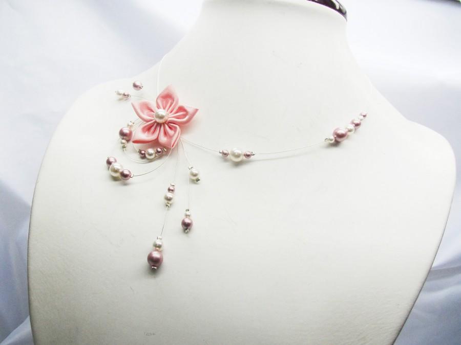 زفاف - Wedding necklace, necklace wedding white and pink flower satin and swarovski crystal beads