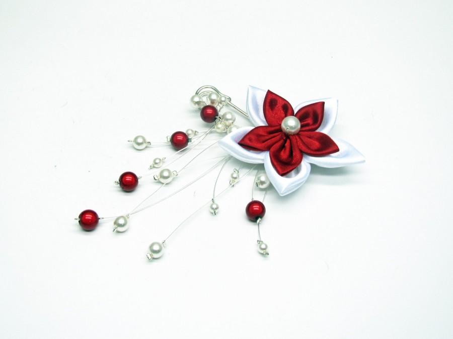 Hochzeit - PIN clip-behind red and white flower wedding satin beading Pearly swarovski crystal