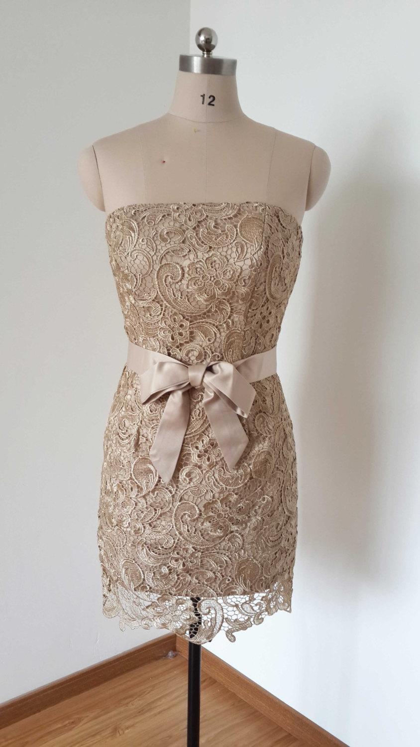 Hochzeit - Strapless Lace Short Bridesmaid Dress 2015